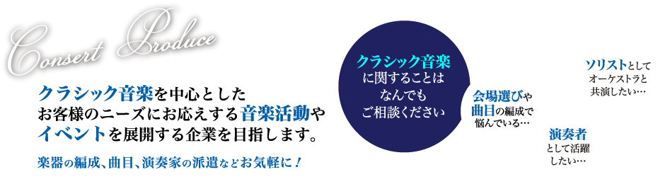 クラシック音楽を中心としたお客様のニーズにお答えする音楽活動やいべんとを展開する企業を目指します。